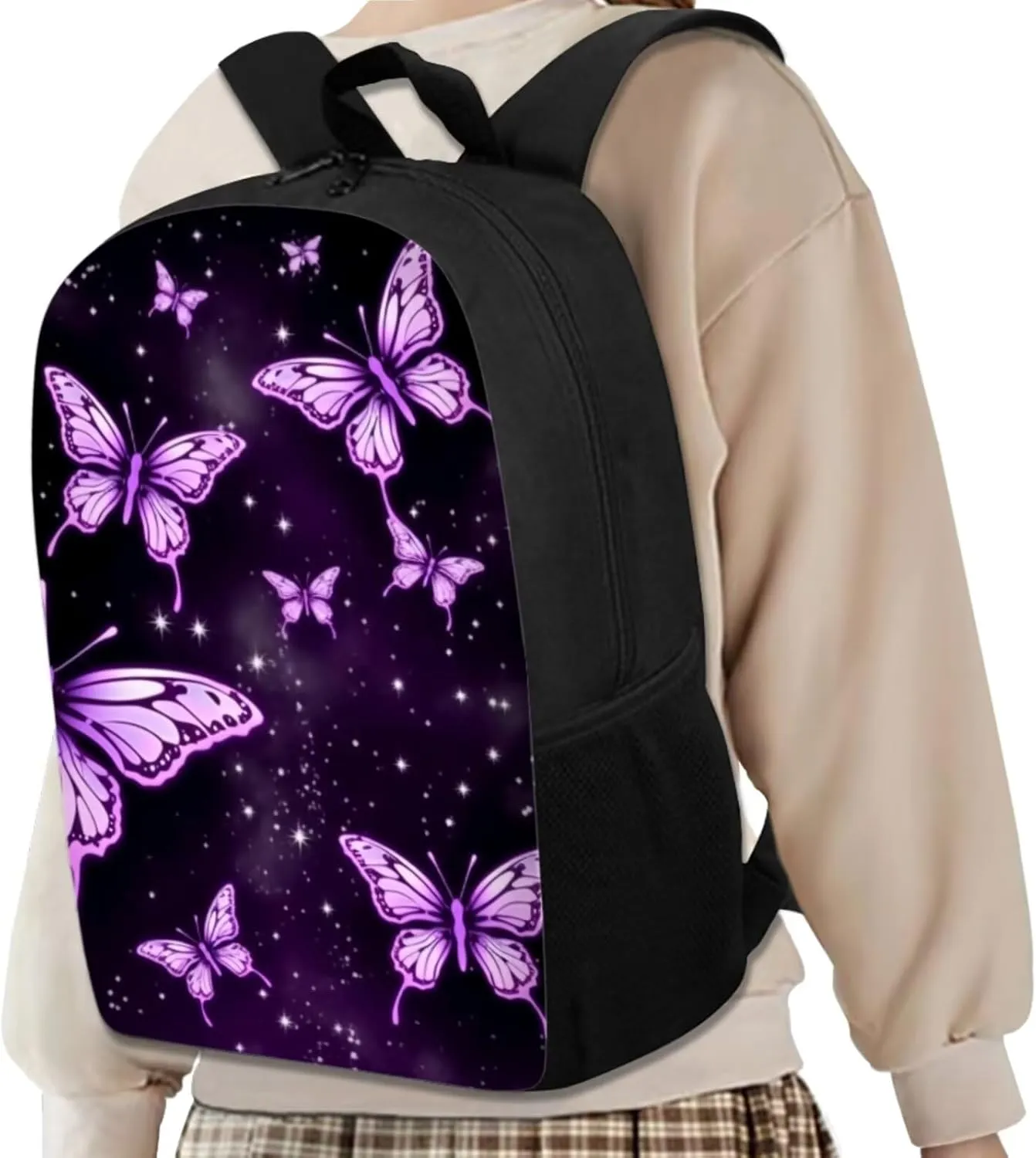 Purple Butterfly Girls Backpack and Lunch Box Set with Soft Pencil Case 4pcs 17in Cute Bookbag School Students Bookbags Back Pack Can Be Used in All Kinds of Occasion-Back To School