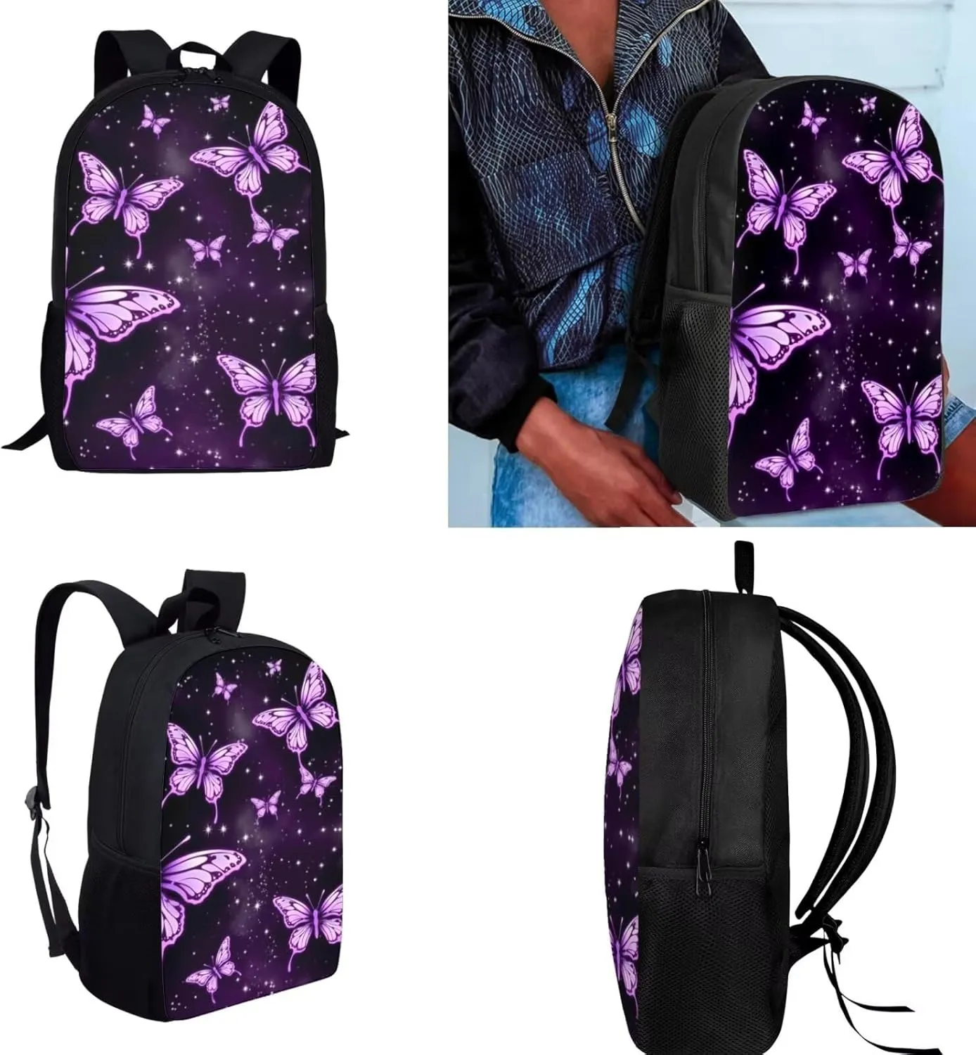 Purple Butterfly Girls Backpack and Lunch Box Set with Soft Pencil Case 4pcs 17in Cute Bookbag School Students Bookbags Back Pack Can Be Used in All Kinds of Occasion-Back To School