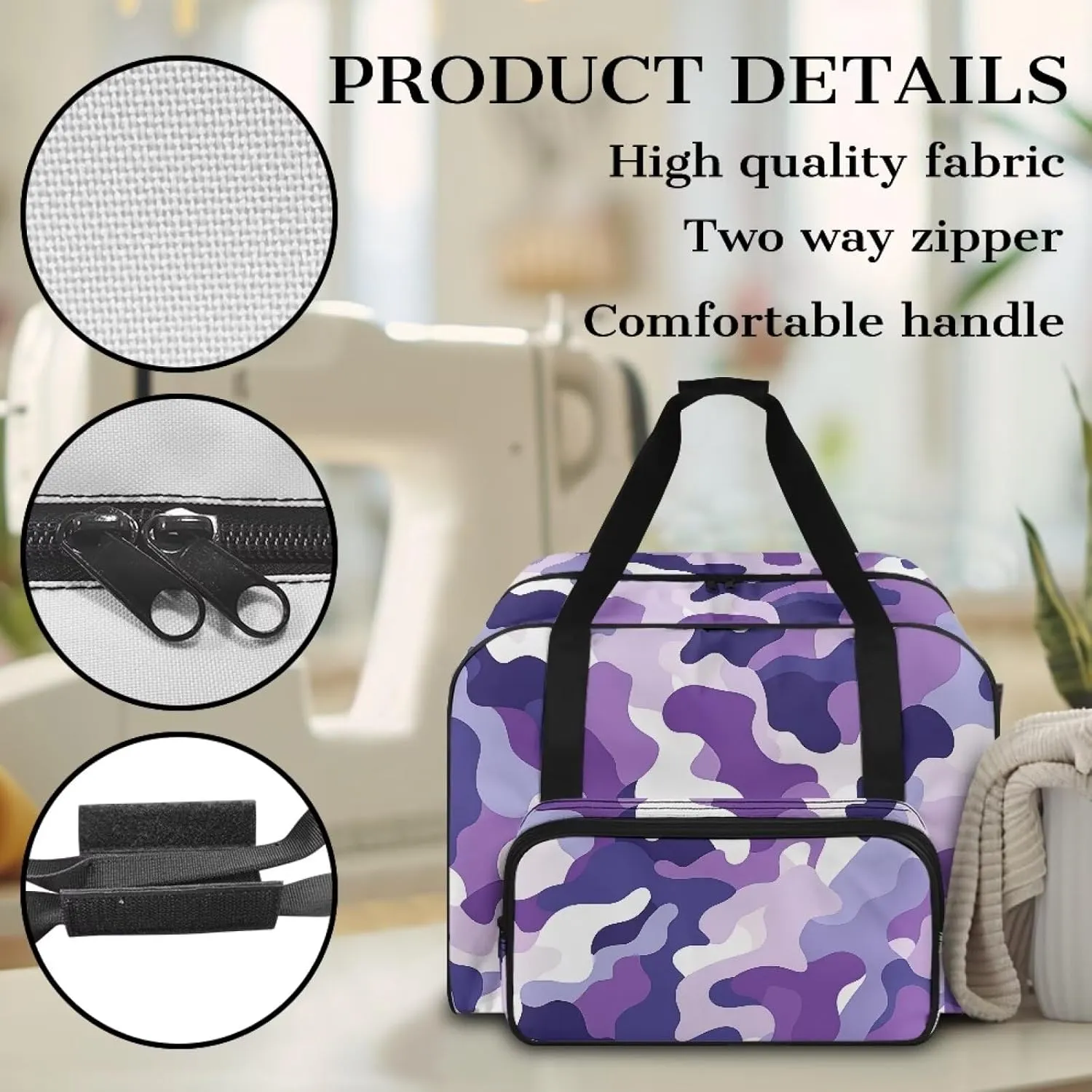 Purple Camo Sewing Machine Handbag Two Way Zipper Carrying Travel Storage Carrier Sewing Bag with Handle Sewing Box Storage Bag Compatible with Most Standard Singer, Brother