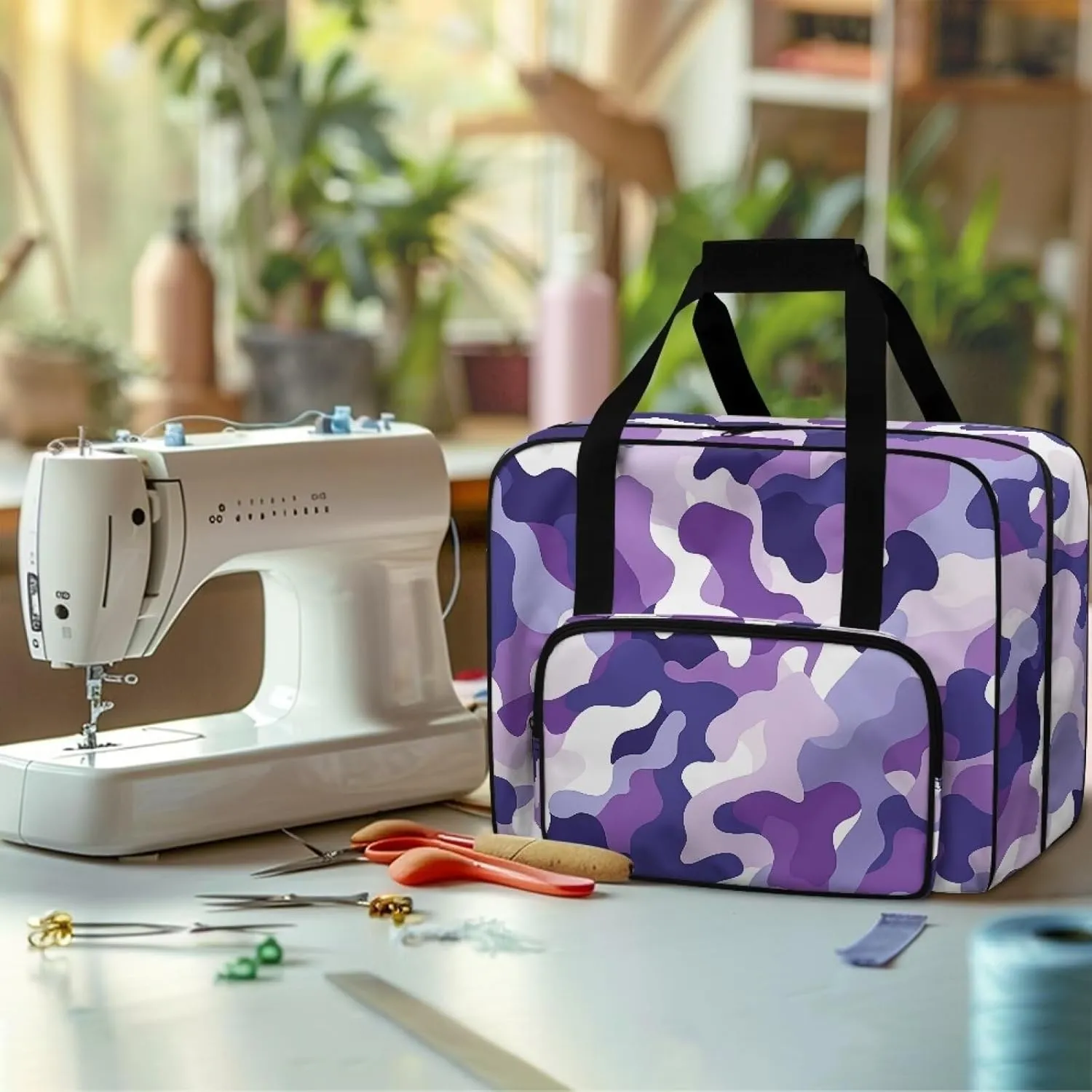 Purple Camo Sewing Machine Handbag Two Way Zipper Carrying Travel Storage Carrier Sewing Bag with Handle Sewing Box Storage Bag Compatible with Most Standard Singer, Brother