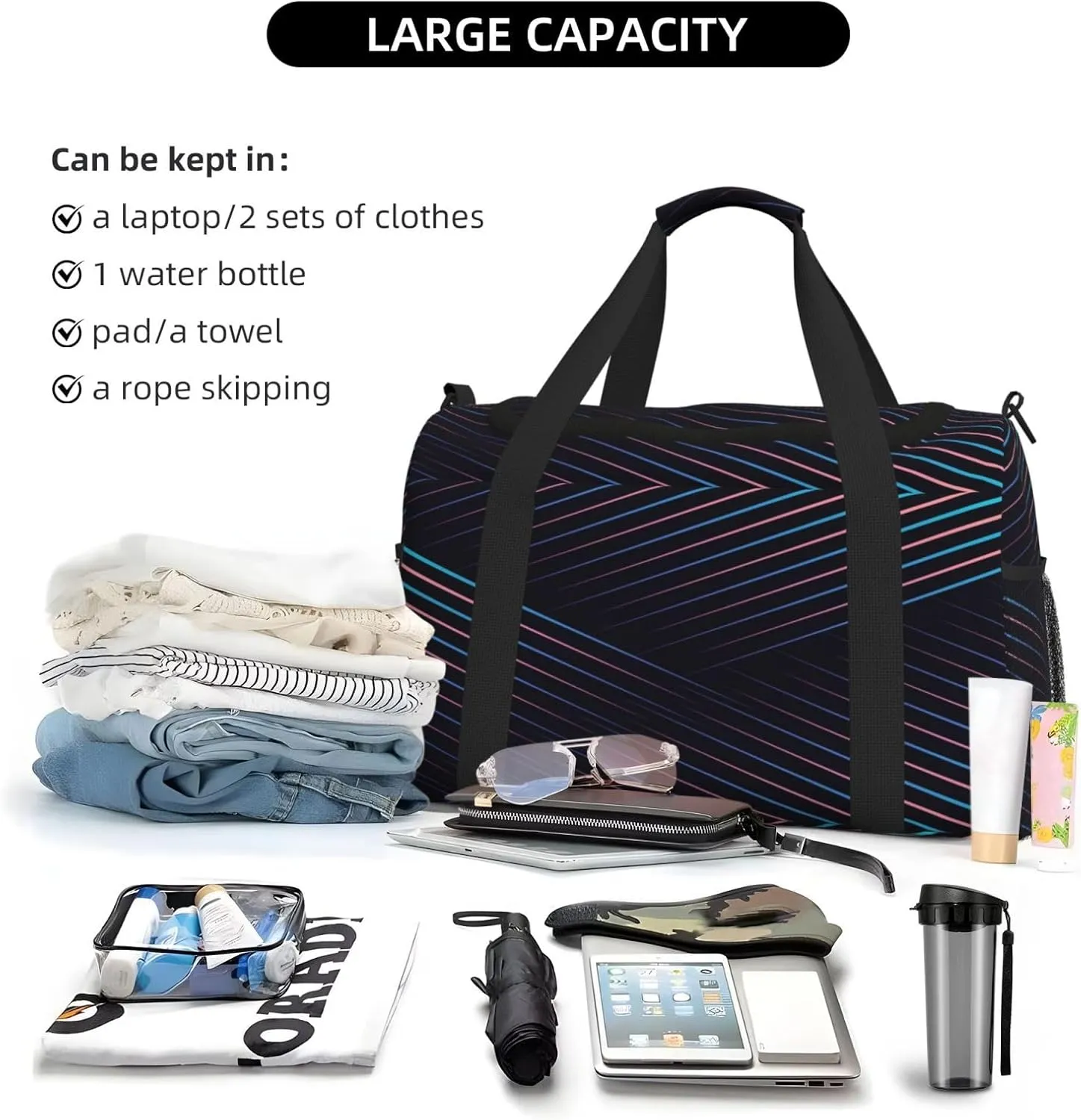 Purple Electric Blue Lines Travel Duffel Bag Large Foldable Waterproof Overnight Bag For Beach Swim Bags Pool Sports Gym