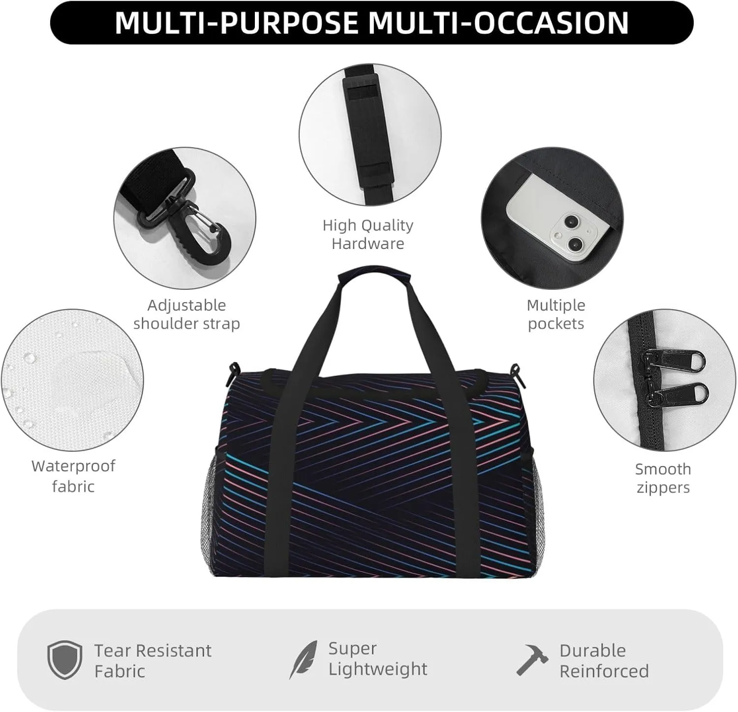 Purple Electric Blue Lines Travel Duffel Bag Large Foldable Waterproof Overnight Bag For Beach Swim Bags Pool Sports Gym