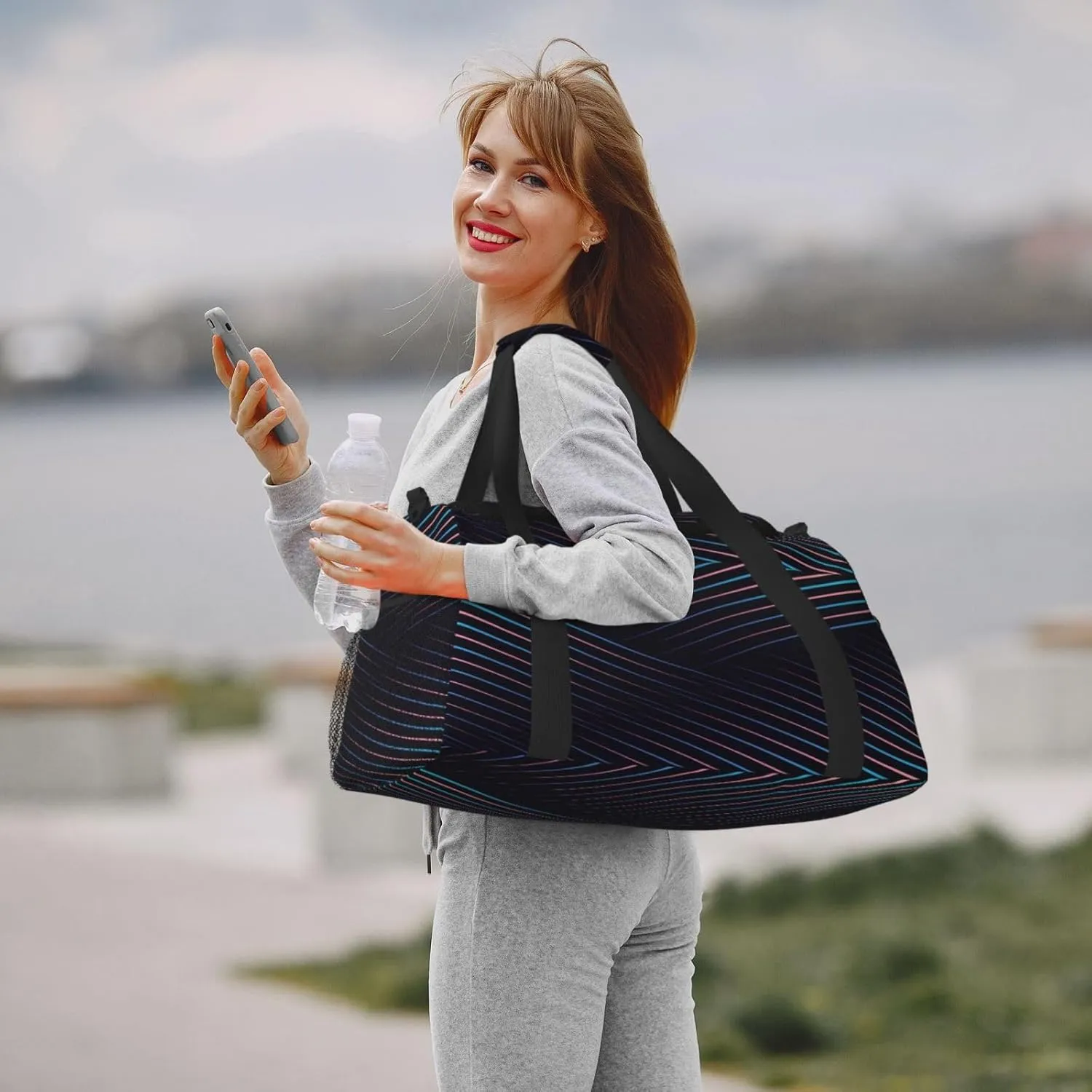 Purple Electric Blue Lines Travel Duffel Bag Large Foldable Waterproof Overnight Bag For Beach Swim Bags Pool Sports Gym