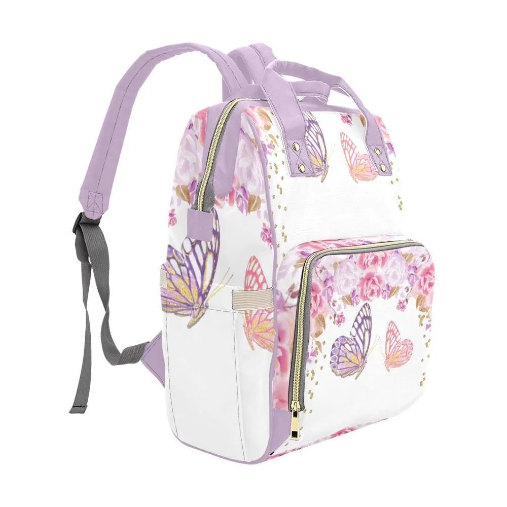 Purple Flower Butterfly Diaper Bags Backpack with Name Personalized Baby Bag Nursing Nappy Bag Travel Tote Bag Gifts