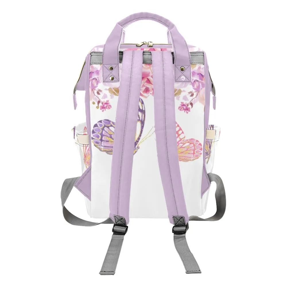 Purple Flower Butterfly Diaper Bags Backpack with Name Personalized Baby Bag Nursing Nappy Bag Travel Tote Bag Gifts