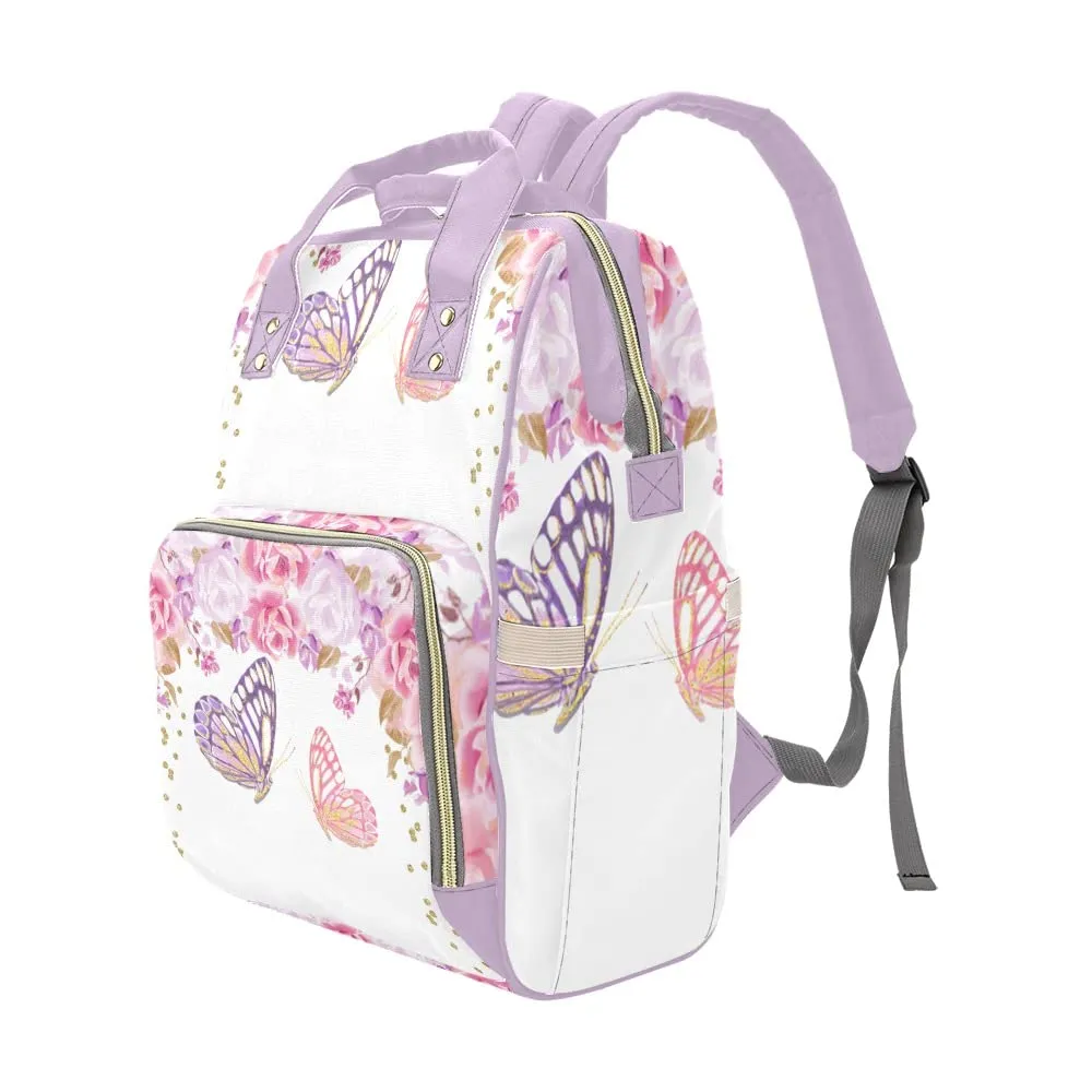 Purple Flower Butterfly Diaper Bags Backpack with Name Personalized Baby Bag Nursing Nappy Bag Travel Tote Bag Gifts