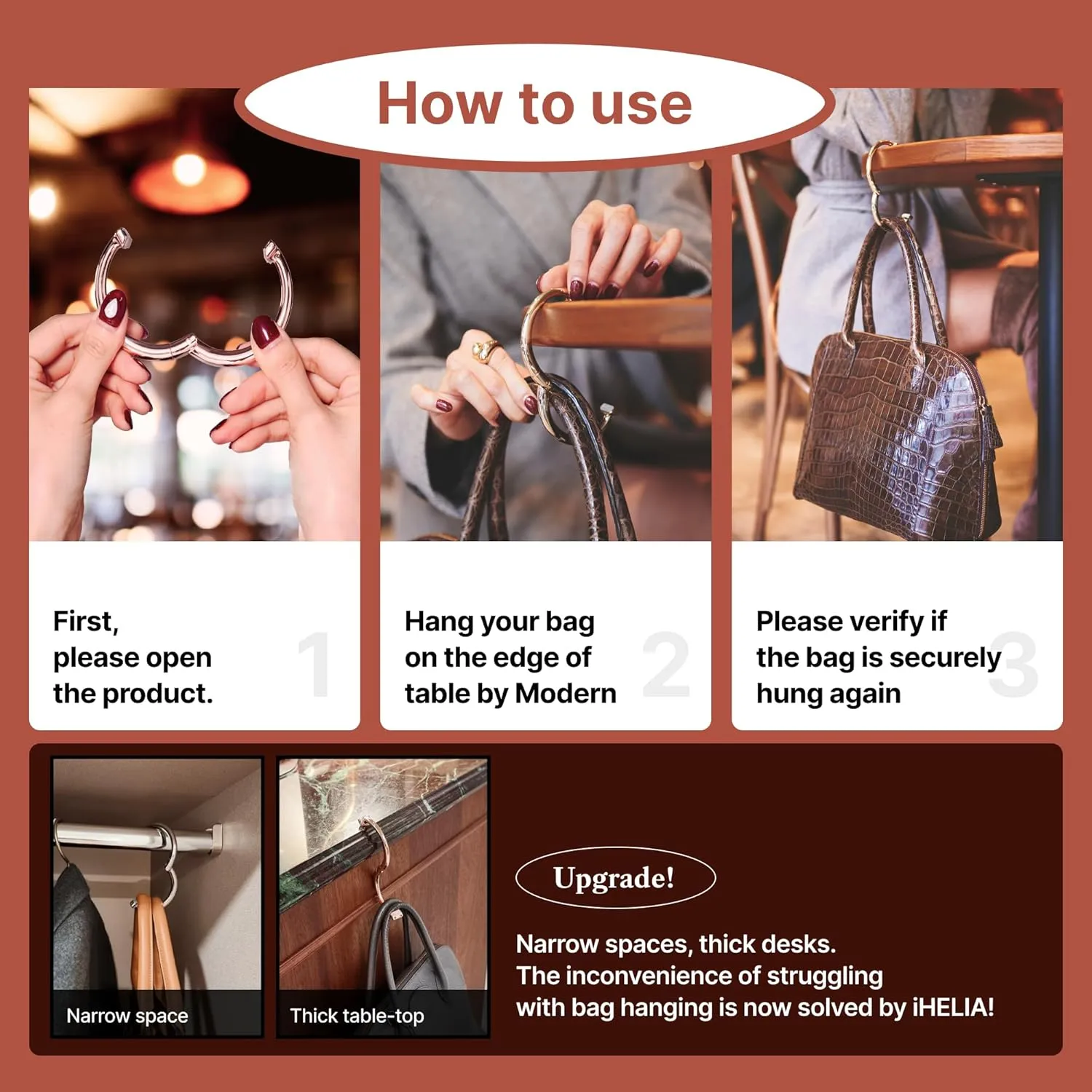 Purse Hook Hanger for Table (Signature) - Premium Bag Holder w/ 90, 180 Degree Rotatable Function Design (Rose Gold)