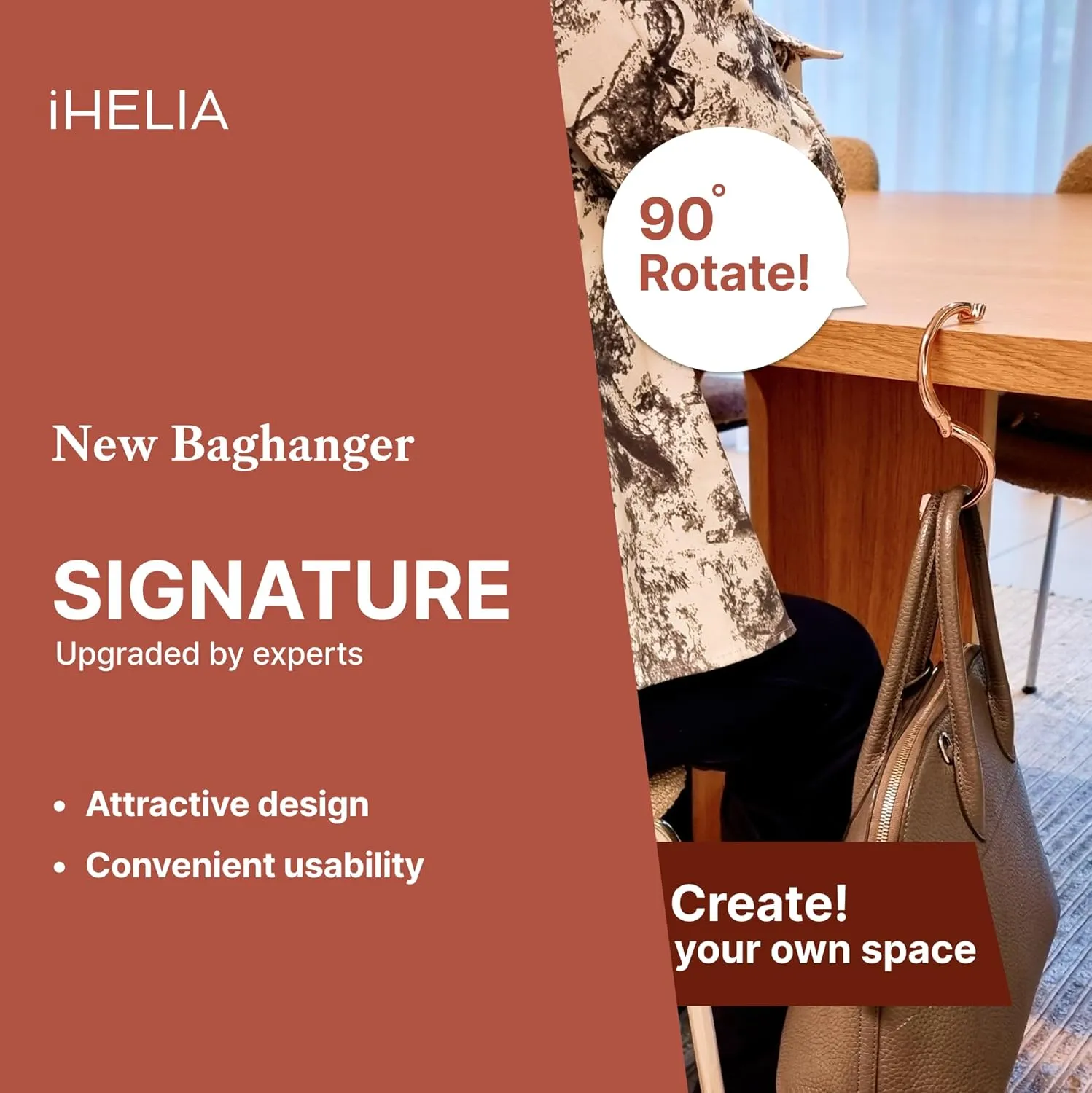 Purse Hook Hanger for Table (Signature) - Premium Bag Holder w/ 90, 180 Degree Rotatable Function Design (Rose Gold)