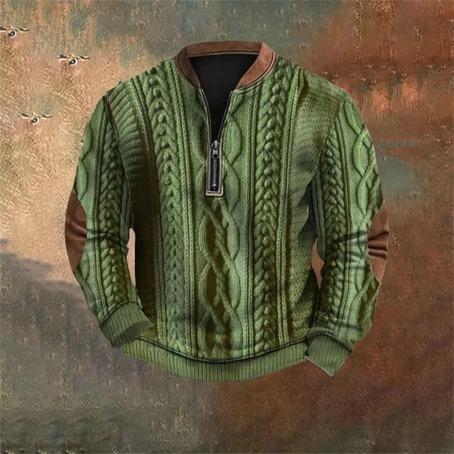 Quarter Zip Pullover Men Long Sleeve Retro 3D Pattern Western Sweatshirts Twist Knit Print Imitation Sweater Jumpers