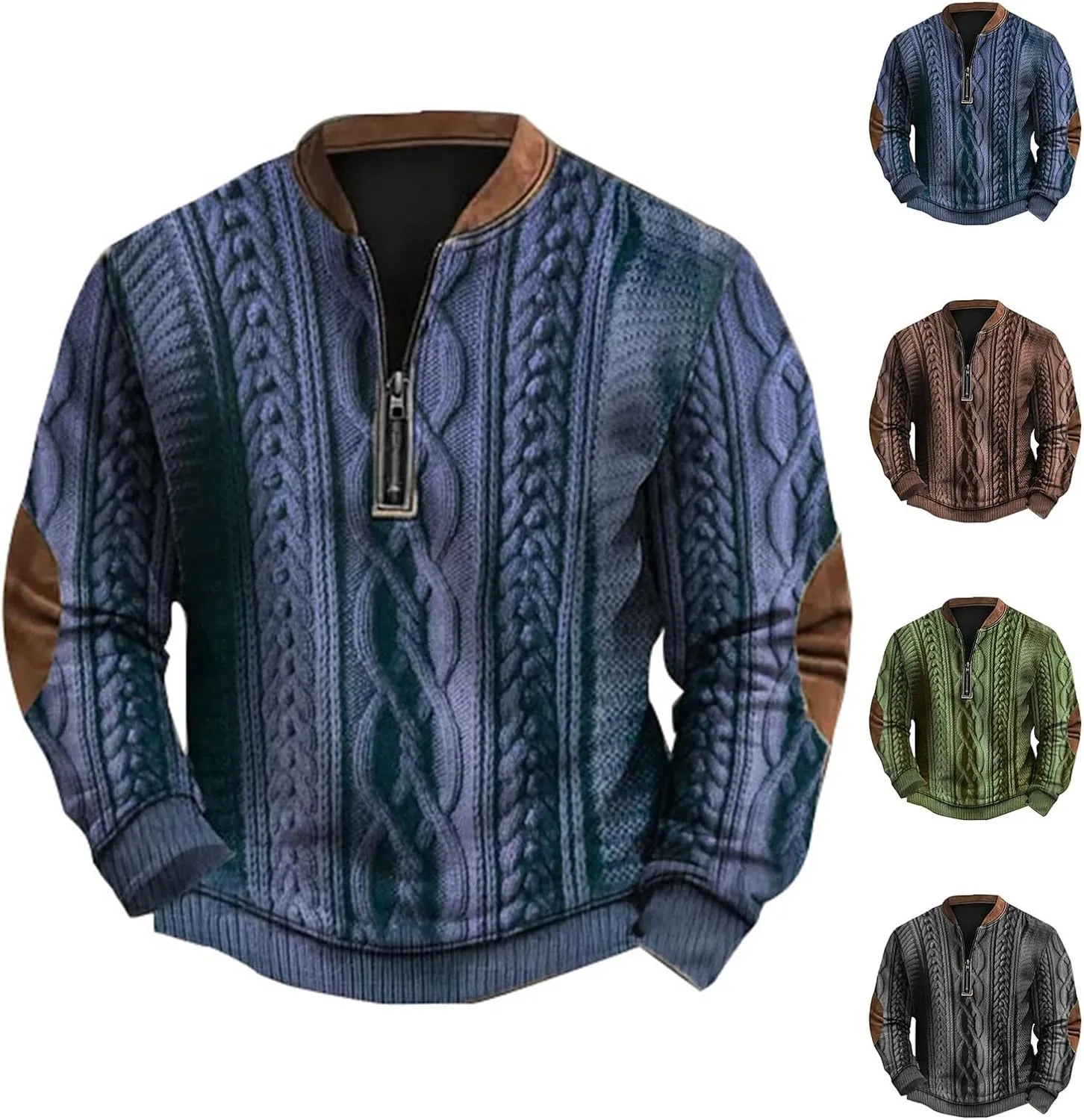 Quarter Zip Pullover Men Long Sleeve Retro 3D Pattern Western Sweatshirts Twist Knit Print Imitation Sweater Jumpers