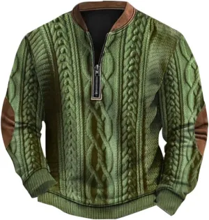 Quarter Zip Pullover Men Long Sleeve Retro 3D Pattern Western Sweatshirts Twist Knit Print Imitation Sweater Jumpers