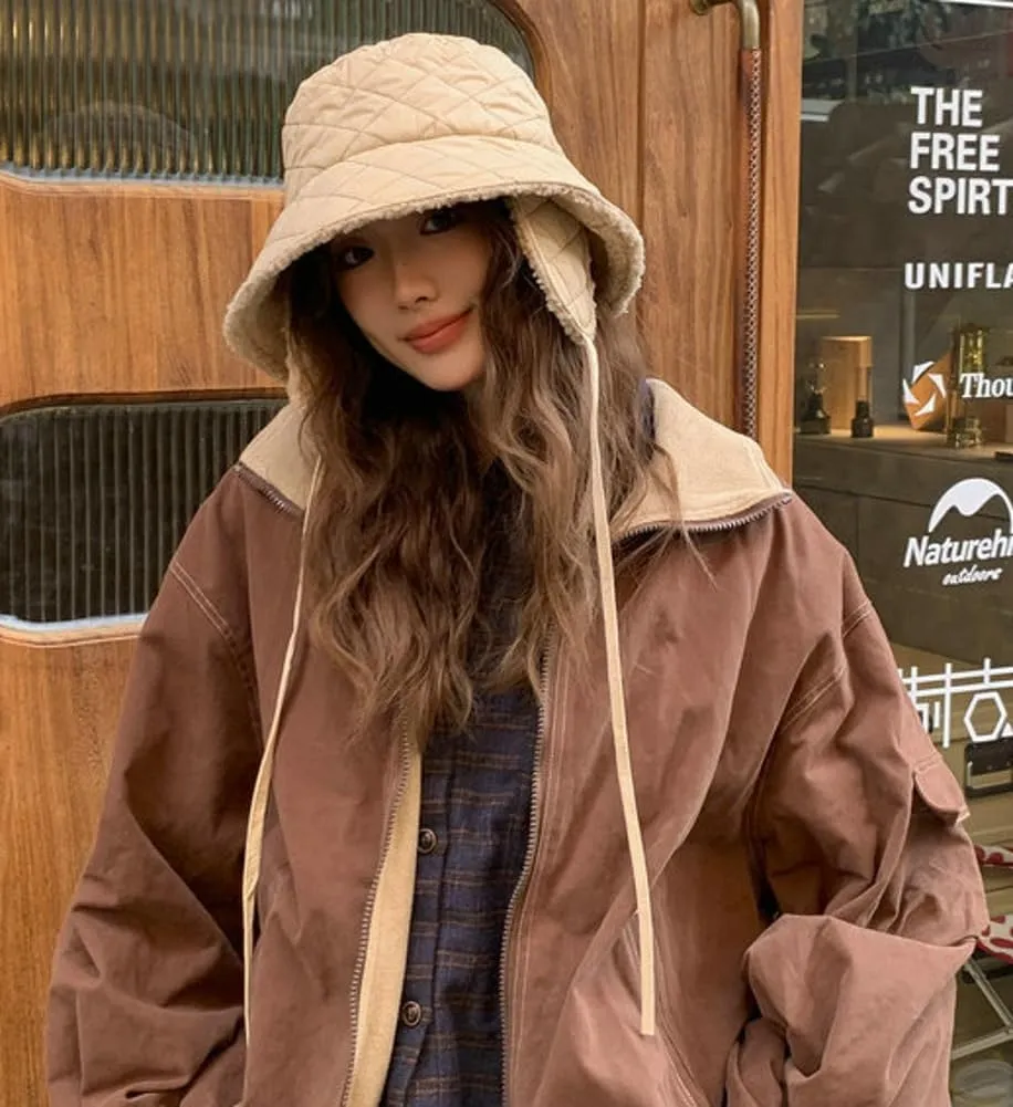 Quilted Bucket Hat Winter Warm Hat for Woman Down Padding Bucket Cap Fishing Hat Thick Plush Earflap Fisherman Bucket Hats