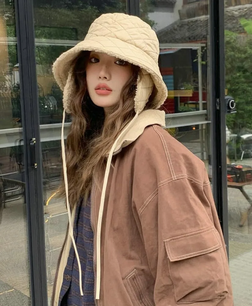 Quilted Bucket Hat Winter Warm Hat for Woman Down Padding Bucket Cap Fishing Hat Thick Plush Earflap Fisherman Bucket Hats