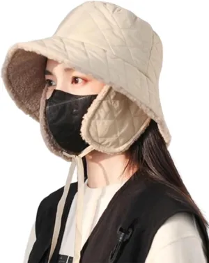 Quilted Bucket Hat Winter Warm Hat for Woman Down Padding Bucket Cap Fishing Hat Thick Plush Earflap Fisherman Bucket Hats