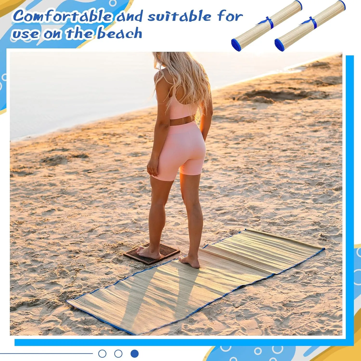 Qunclay 4 Packs Straw Beach Mat Waterproof Non Slip Straw Mat Foldable Lightweight Picnic Mat with Trim for Camping Sunbathing Picnic Floor Yoga