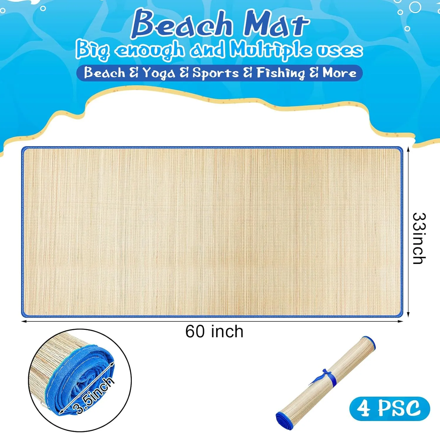Qunclay 4 Packs Straw Beach Mat Waterproof Non Slip Straw Mat Foldable Lightweight Picnic Mat with Trim for Camping Sunbathing Picnic Floor Yoga
