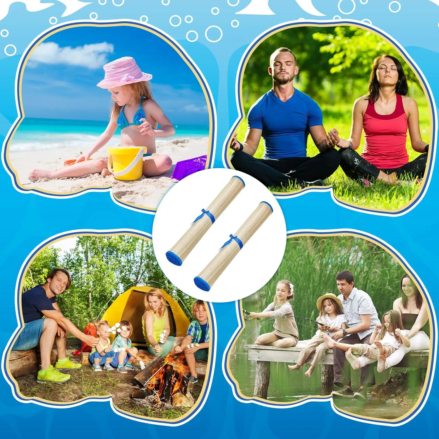 Qunclay 4 Packs Straw Beach Mat Waterproof Non Slip Straw Mat Foldable Lightweight Picnic Mat with Trim for Camping Sunbathing Picnic Floor Yoga