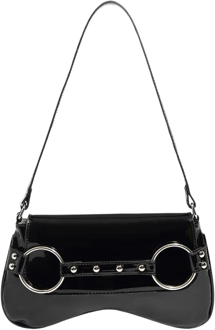 QWINEE Women's Metal Studded Shoulder Handbag Flap Magnet Faux Leather Underarm Purse