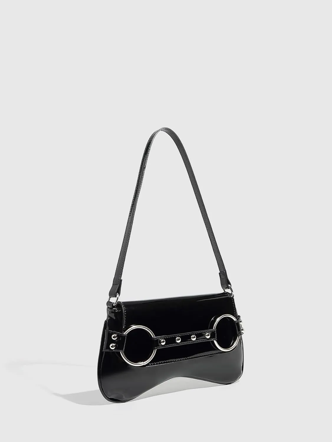QWINEE Women's Metal Studded Shoulder Handbag Flap Magnet Faux Leather Underarm Purse