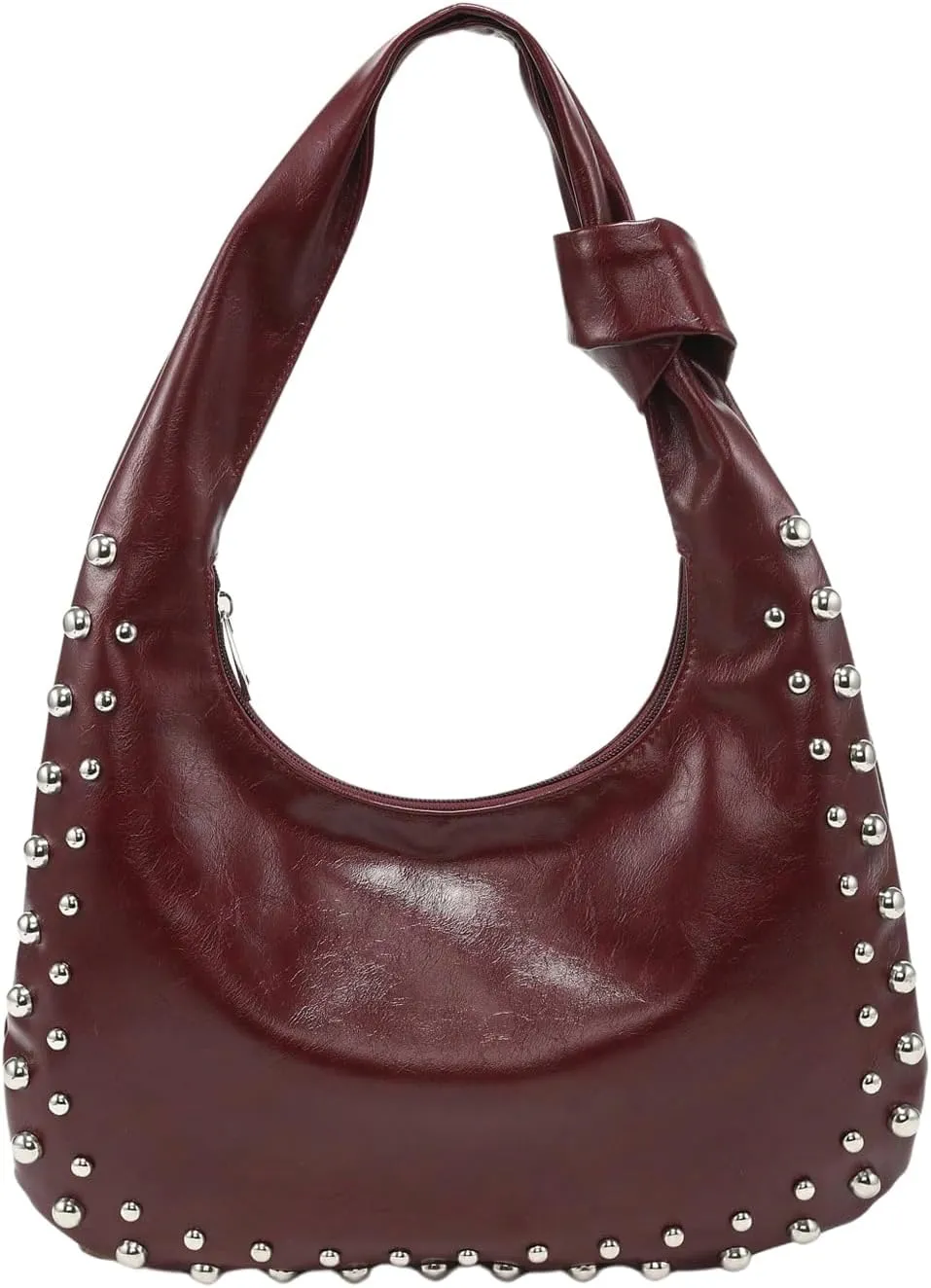QWINEE Women's Studded Hobo Purses PU Leather Designer Shoulder Handbags Zipper Knot Bag
