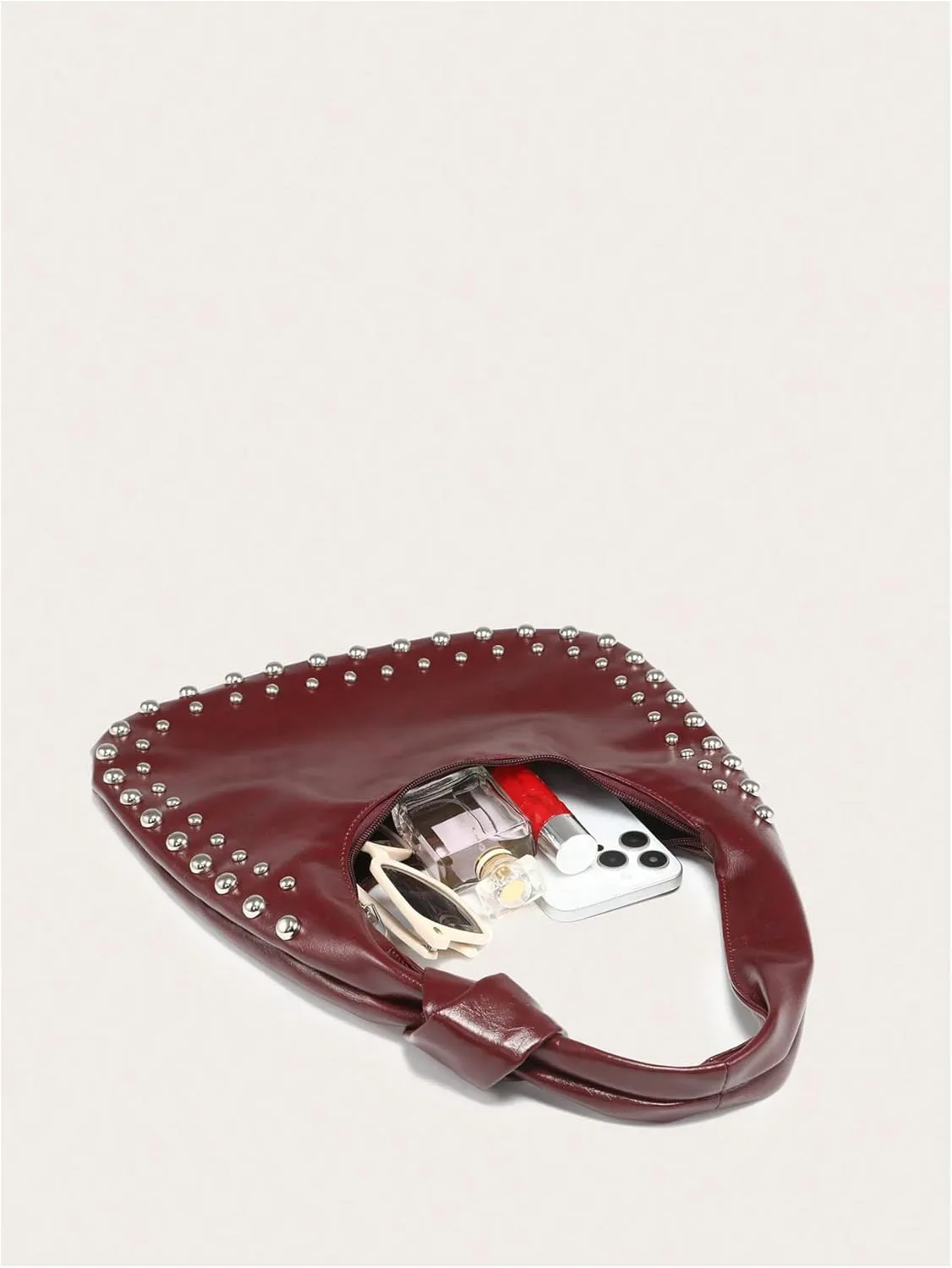 QWINEE Women's Studded Hobo Purses PU Leather Designer Shoulder Handbags Zipper Knot Bag