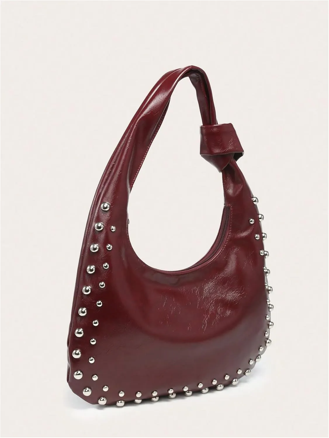 QWINEE Women's Studded Hobo Purses PU Leather Designer Shoulder Handbags Zipper Knot Bag