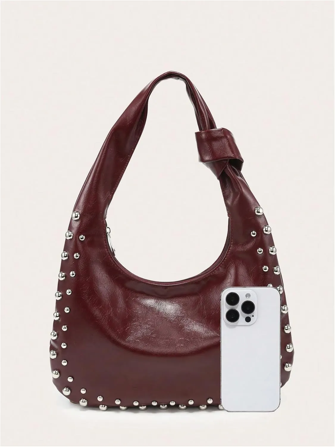 QWINEE Women's Studded Hobo Purses PU Leather Designer Shoulder Handbags Zipper Knot Bag