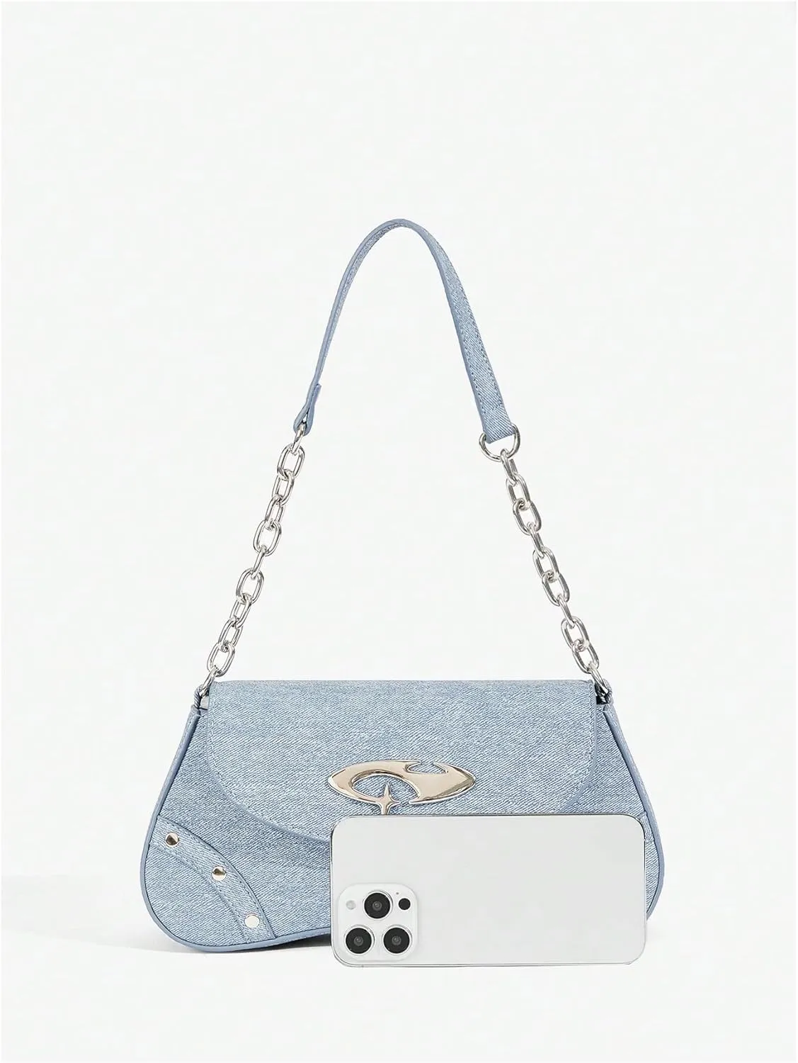 QWINEE Women's Y2K Studded Denim Shoulder Bag Flap Chain Strap Small Underarm Purse Street Handbags