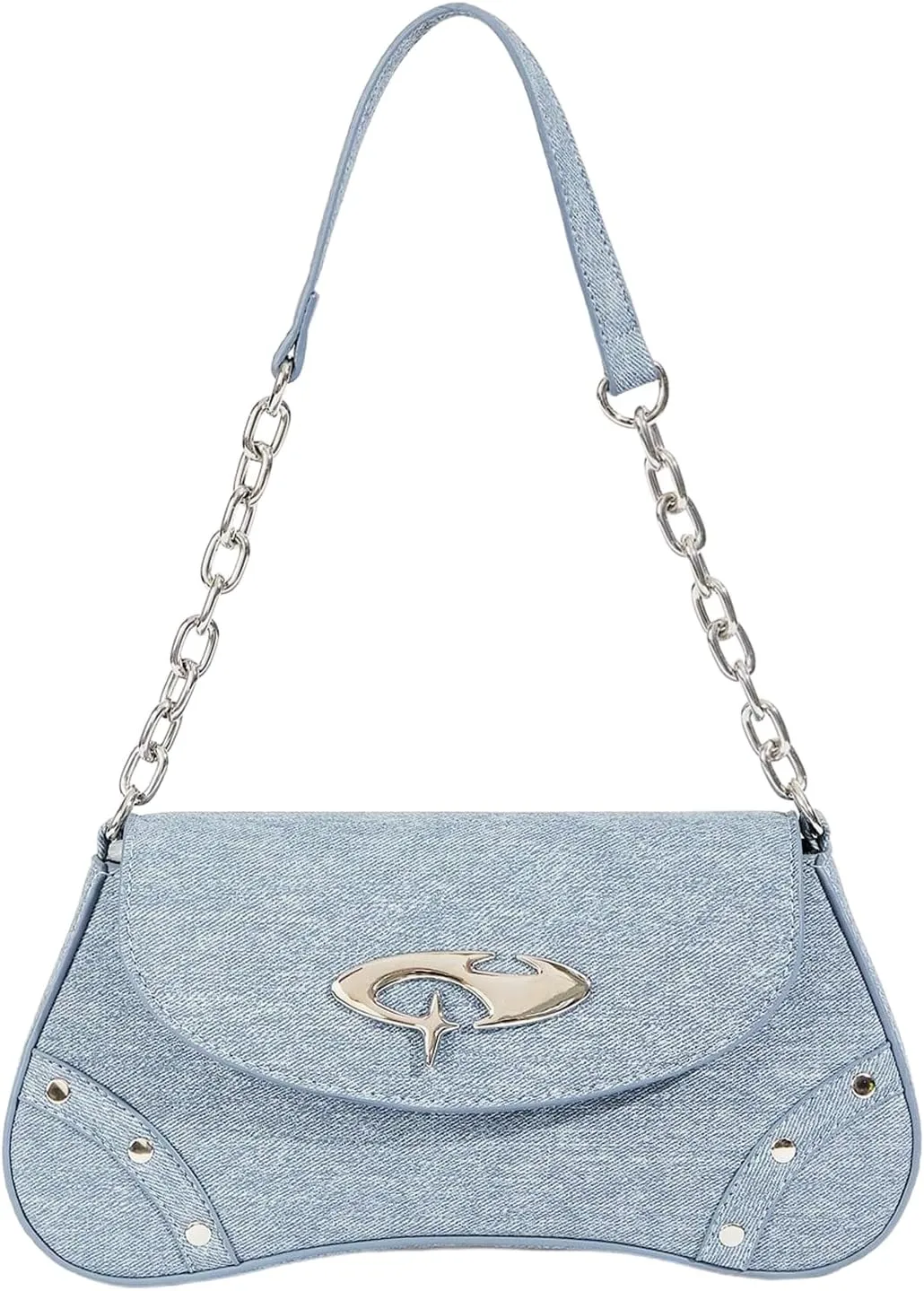 QWINEE Women's Y2K Studded Denim Shoulder Bag Flap Chain Strap Small Underarm Purse Street Handbags