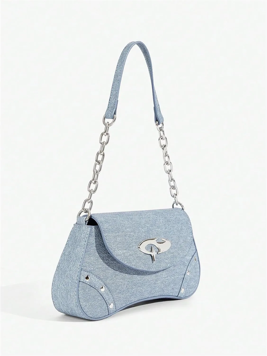 QWINEE Women's Y2K Studded Denim Shoulder Bag Flap Chain Strap Small Underarm Purse Street Handbags