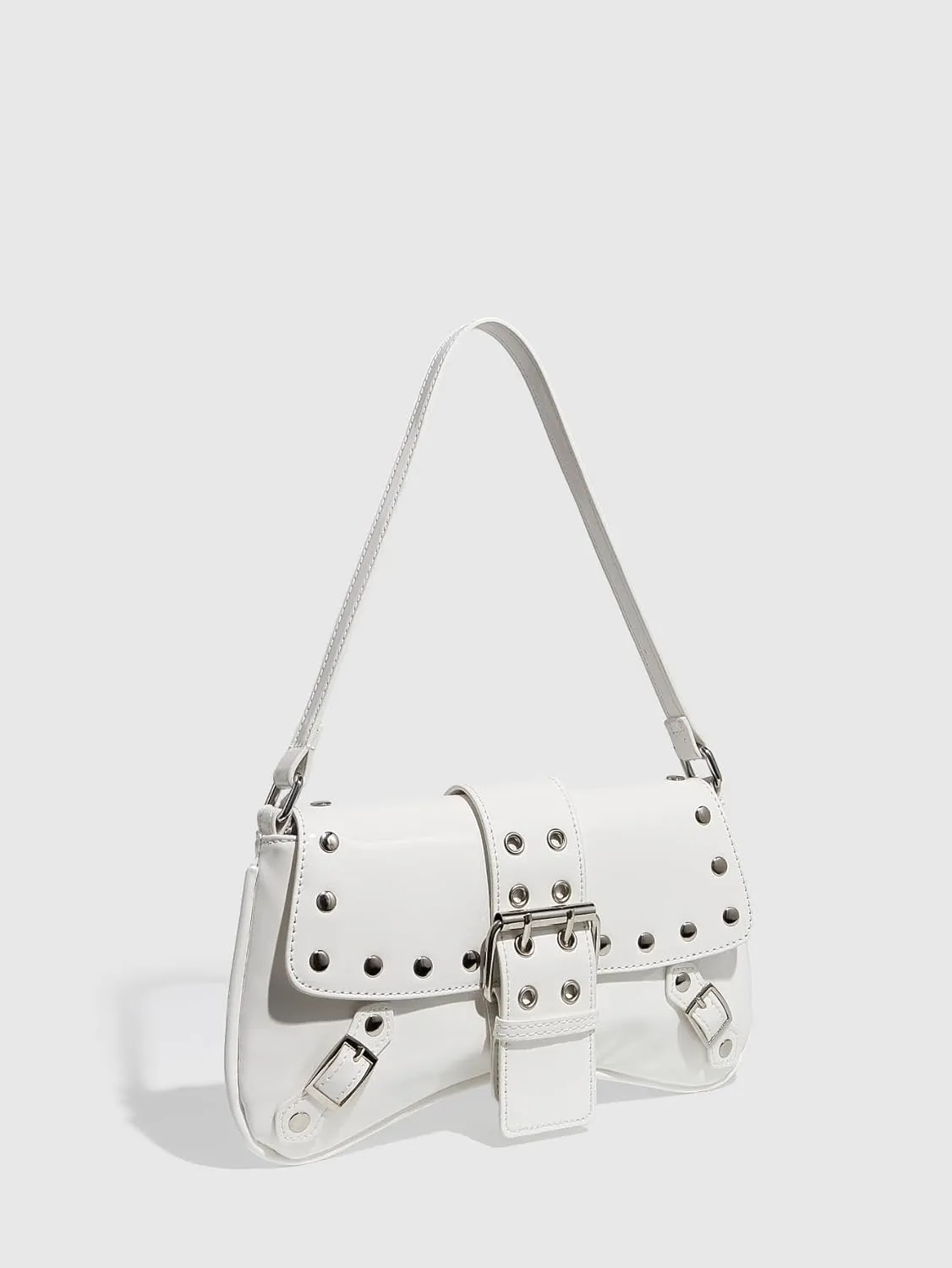QWINEE Women's Y2K Studded Metal Buckle Shoulder Bag Magnet Zipper Punk Underarm Purse
