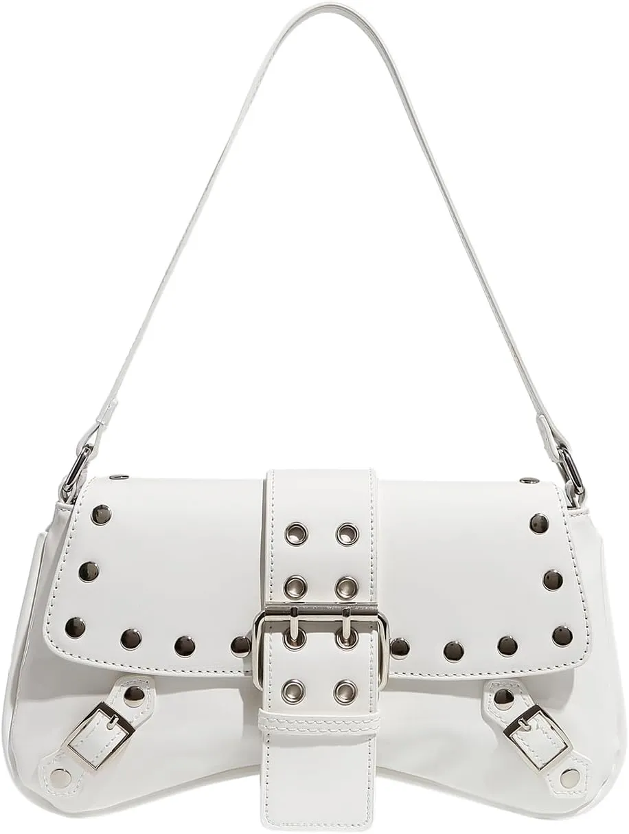 QWINEE Women's Y2K Studded Metal Buckle Shoulder Bag Magnet Zipper Punk Underarm Purse