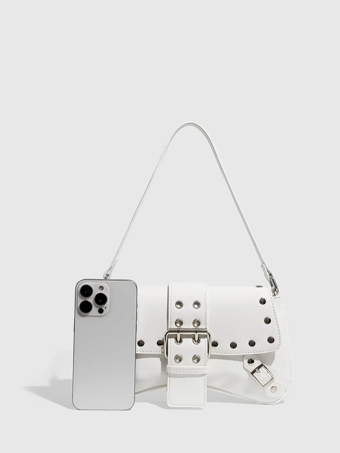QWINEE Women's Y2K Studded Metal Buckle Shoulder Bag Magnet Zipper Punk Underarm Purse