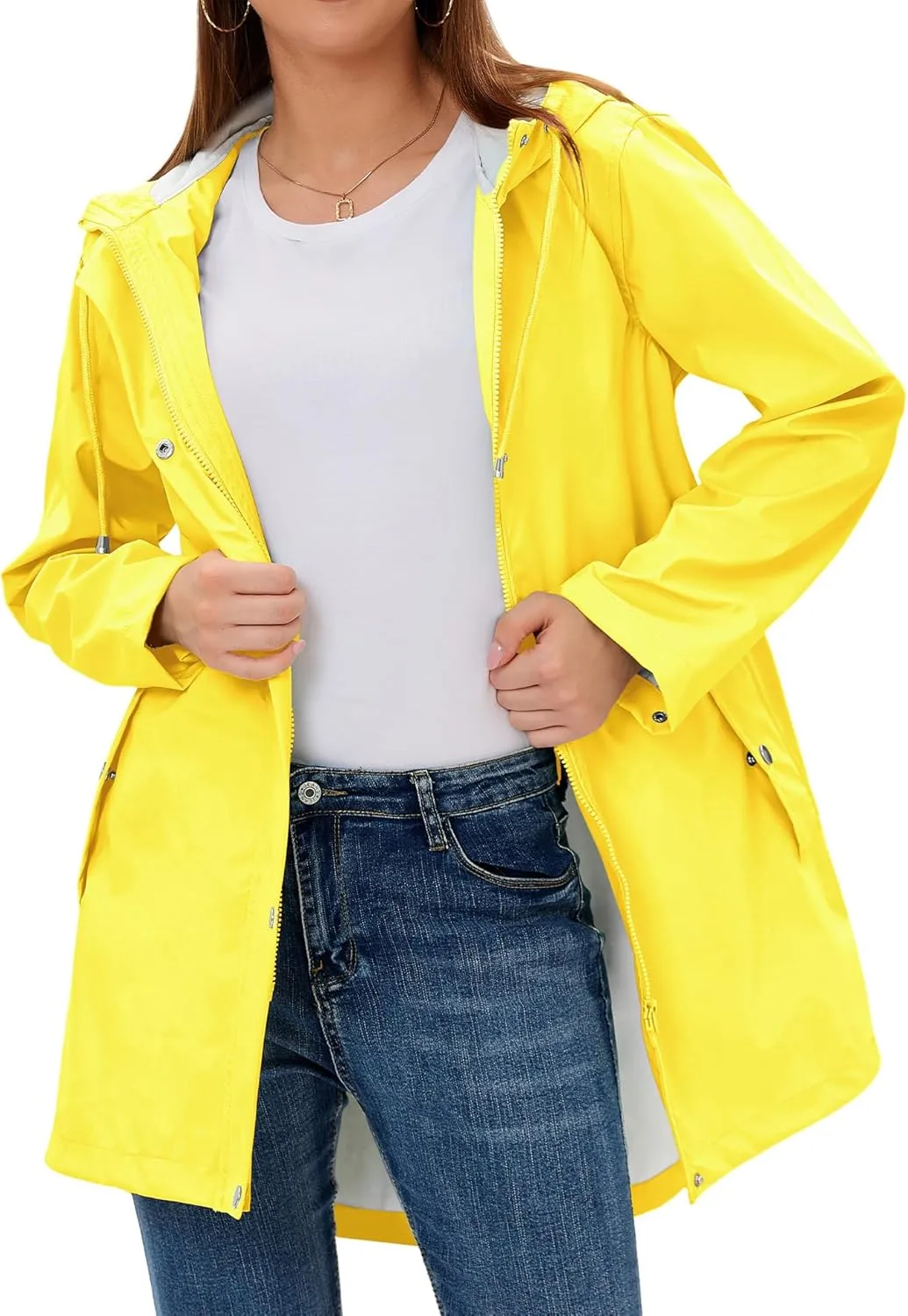 Rain Jacket Womens Waterproof with Hood, Long Rain Coat Windproof Windbreaker Outdoor Rain Trench Coat S-XXL