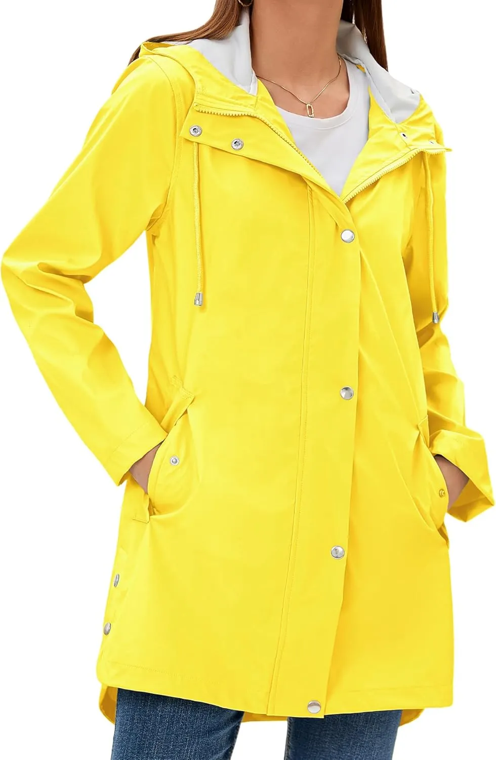 Rain Jacket Womens Waterproof with Hood, Long Rain Coat Windproof Windbreaker Outdoor Rain Trench Coat S-XXL