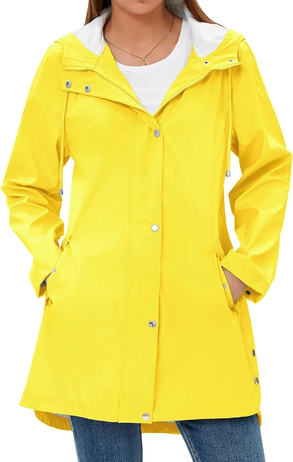 Rain Jacket Womens Waterproof with Hood, Long Rain Coat Windproof Windbreaker Outdoor Rain Trench Coat S-XXL