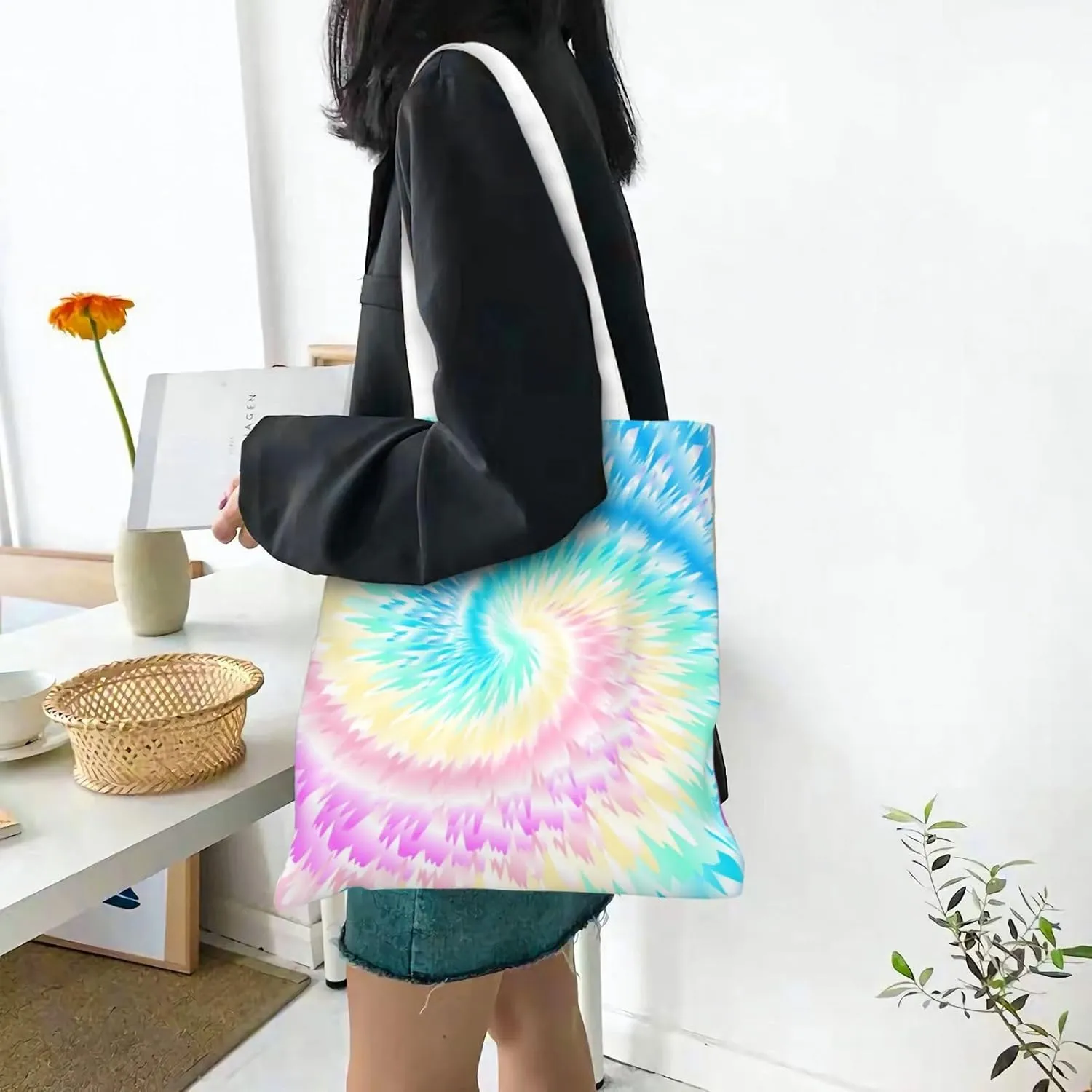 Rainbow Tie Dye Tote Bag Reusable Shoulder Tote Bag For Women Lady Vacation, Shopping, Work