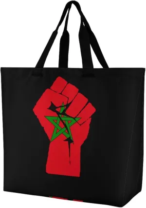 Raised Fist Morocco Flag Tote Bag for Women Foldable Travel One-Shoulder Portable Shopping Bag Commuter Bags