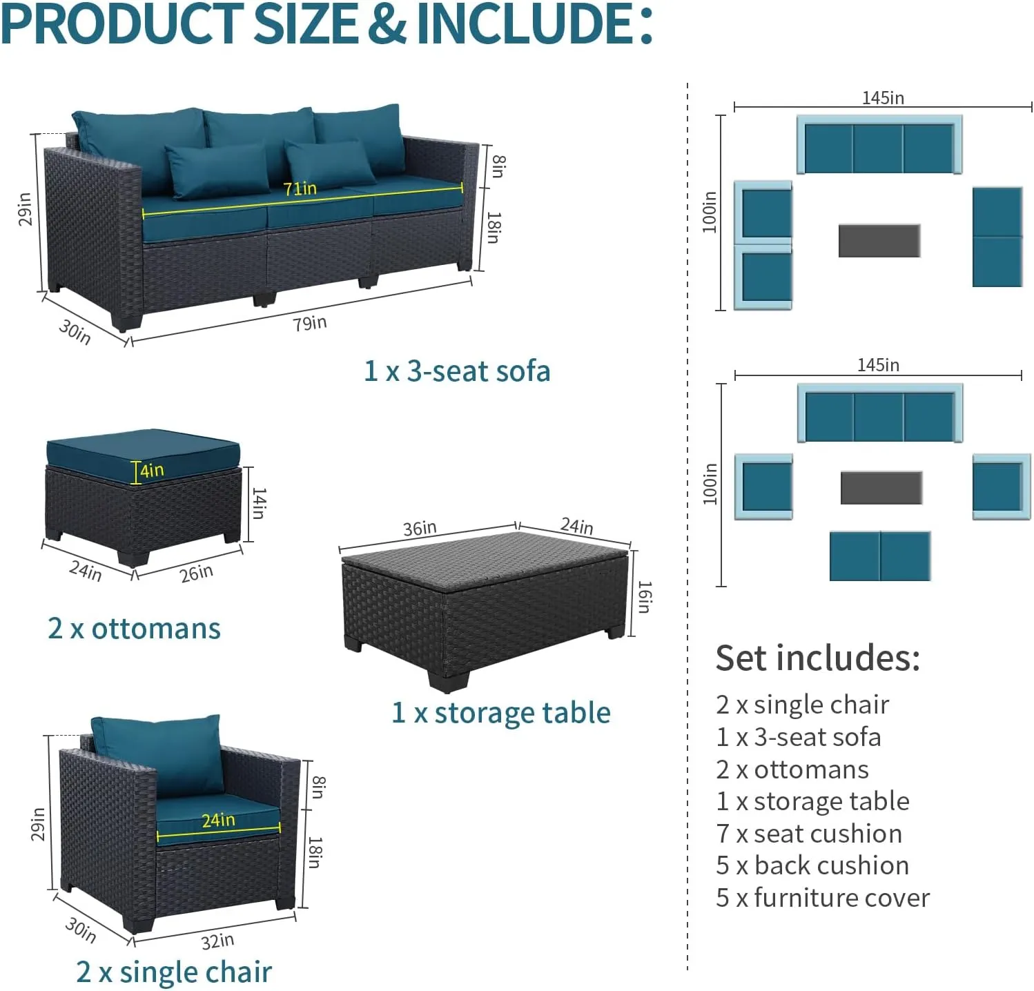 Rattaner Patio Furniture Set 6 Pieces Couch Outdoor Chairs Coffee Table Peacock Blue Anti-Slip Cushions and Waterproof Covers