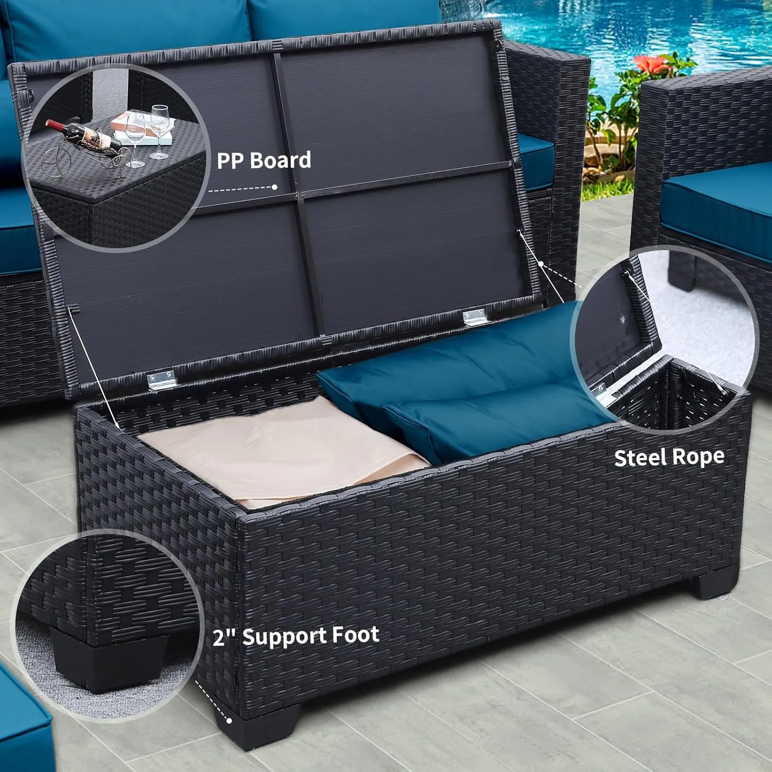 Rattaner Patio Furniture Set 6 Pieces Couch Outdoor Chairs Coffee Table Peacock Blue Anti-Slip Cushions and Waterproof Covers