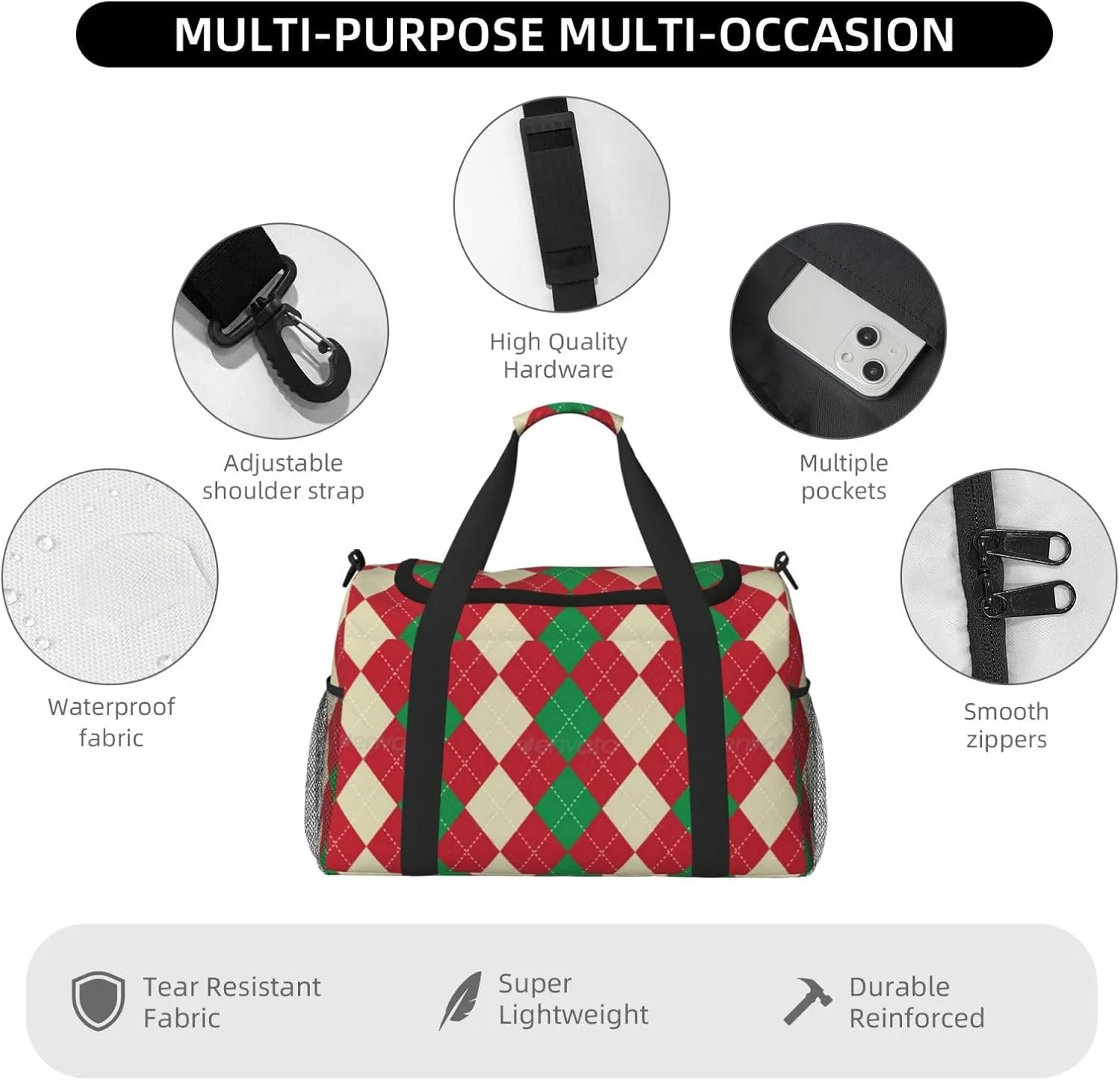 Red And Green Plaid Travel Duffel Bag Large Foldable Waterproof Overnight Bag For Beach Swim Bags Pool Sports Gym
