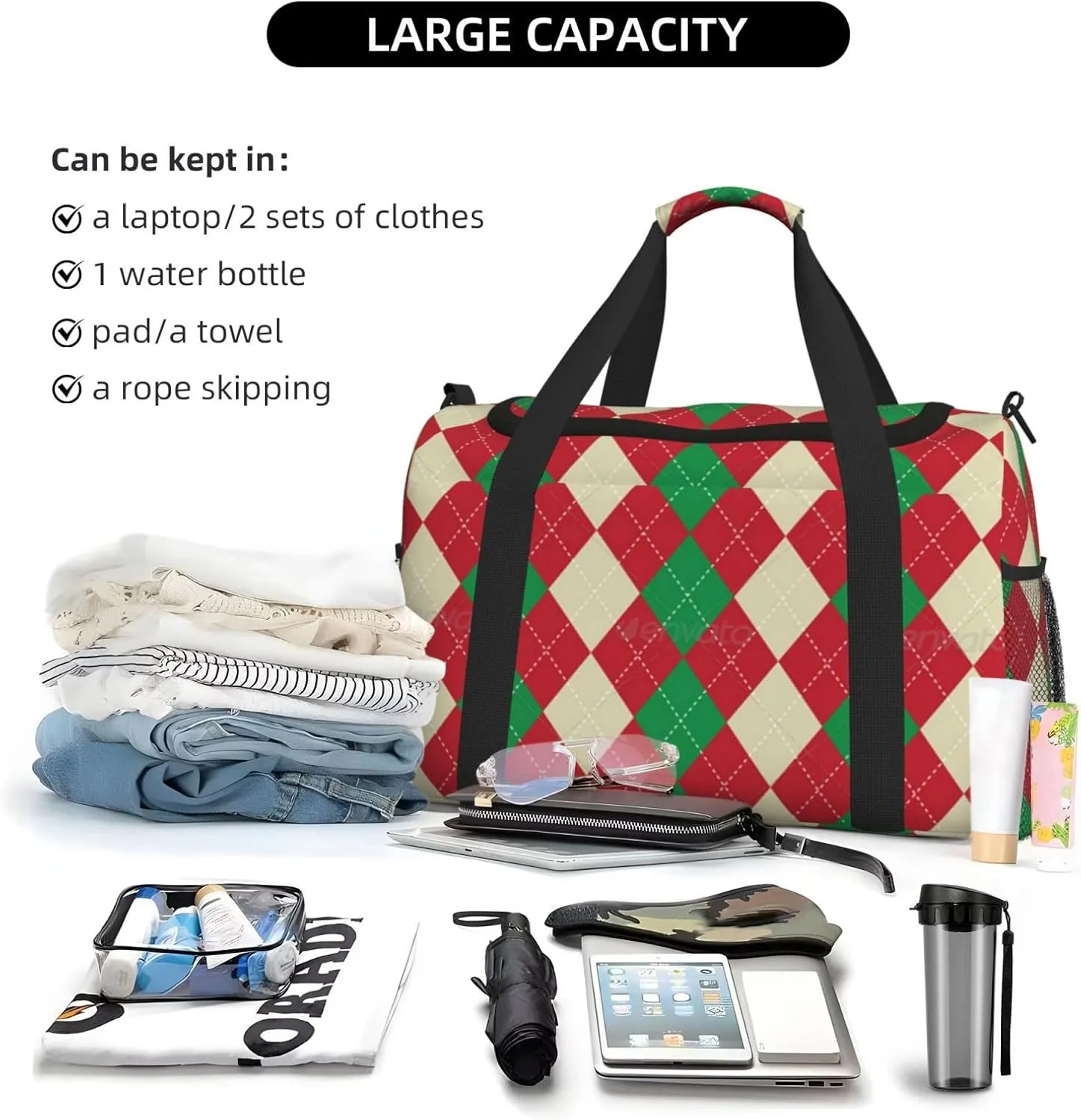 Red And Green Plaid Travel Duffel Bag Large Foldable Waterproof Overnight Bag For Beach Swim Bags Pool Sports Gym