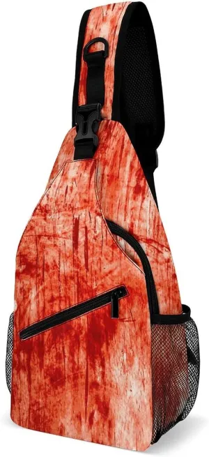 Red Blood Splatter Sling Bag Crossbody for Women Men Lightweight Adjustable Extender Strap Scary Shoulder Backpack with Water Bottle Holder Casual Daypack for Hiking Travel