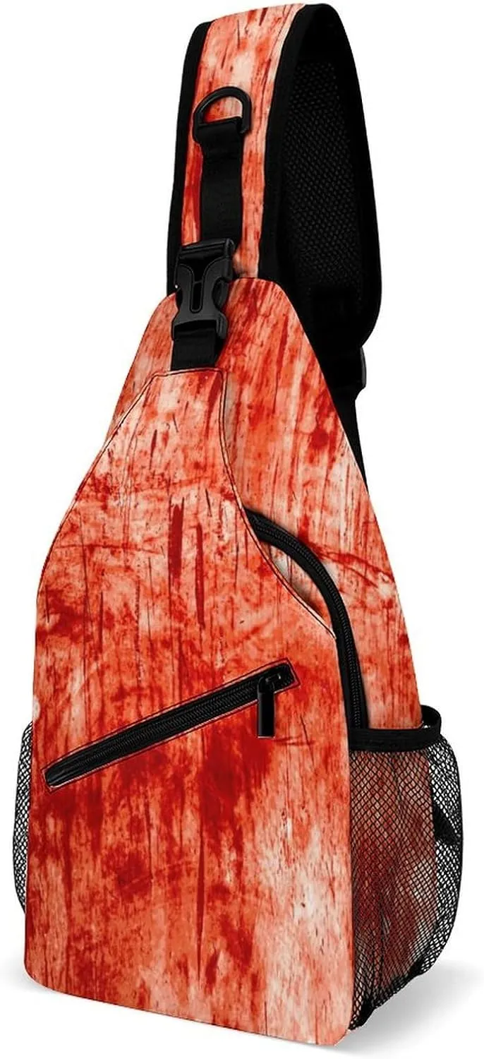 Red Blood Splatter Sling Bag Crossbody for Women Men Lightweight Adjustable Extender Strap Scary Shoulder Backpack with Water Bottle Holder Casual Daypack for Hiking Travel