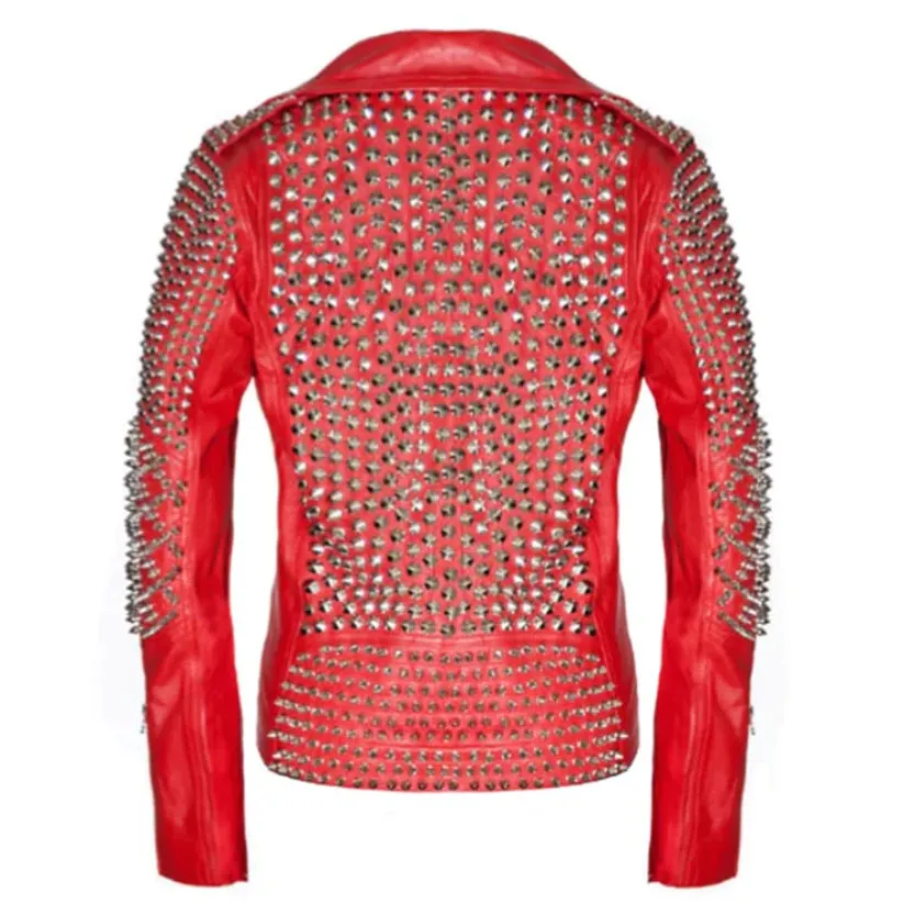 Red Leather Studded Biker Jacket for Women