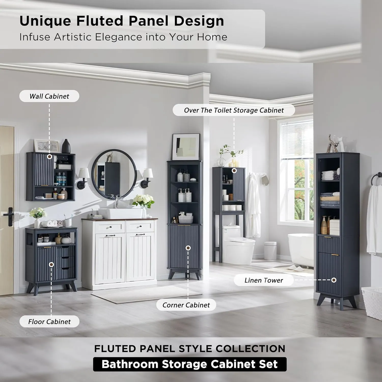 RedLemon 68" Tall Corner Cabinet, Modern Fluted Storage Cabinet with Faux Marble Top & Adjustable Shelves, Curved Profile Design, Space Saver for Bathroom, Living Room, Kitchen, Dark Grey