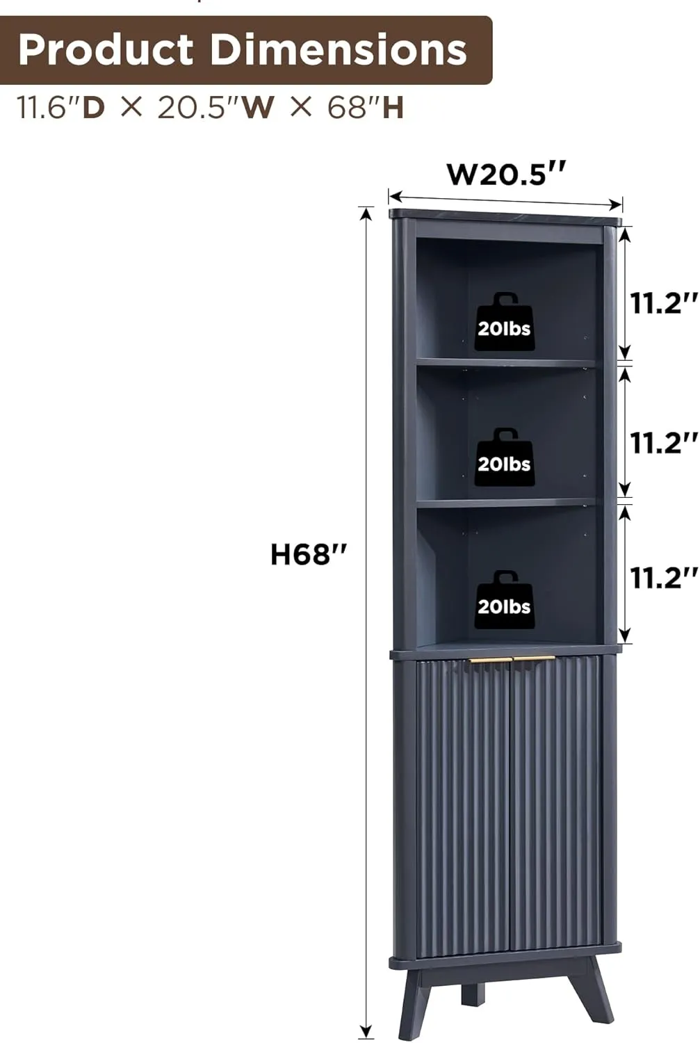 RedLemon 68" Tall Corner Cabinet, Modern Fluted Storage Cabinet with Faux Marble Top & Adjustable Shelves, Curved Profile Design, Space Saver for Bathroom, Living Room, Kitchen, Dark Grey