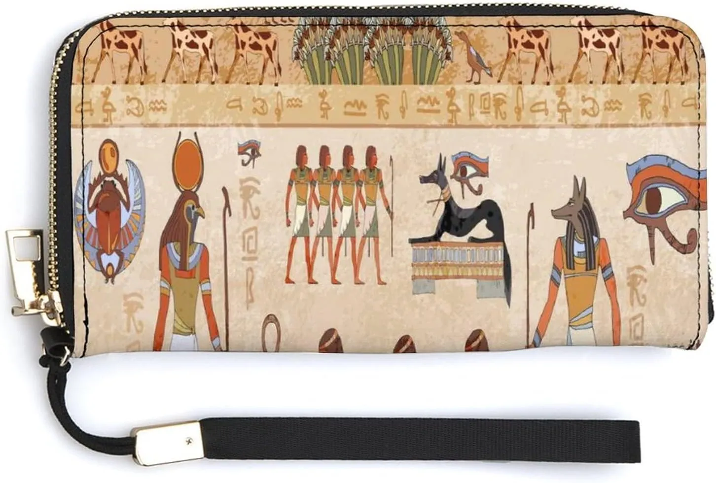 Retro Ancient Egypt Egyptian Temples Gods and Pharaohs Murals Long Clutch Wallet, Long Handbag with Removable Wristlet Strap, PU Leather Zip Purse, Credit Pass Case Card-Holder for Men Women