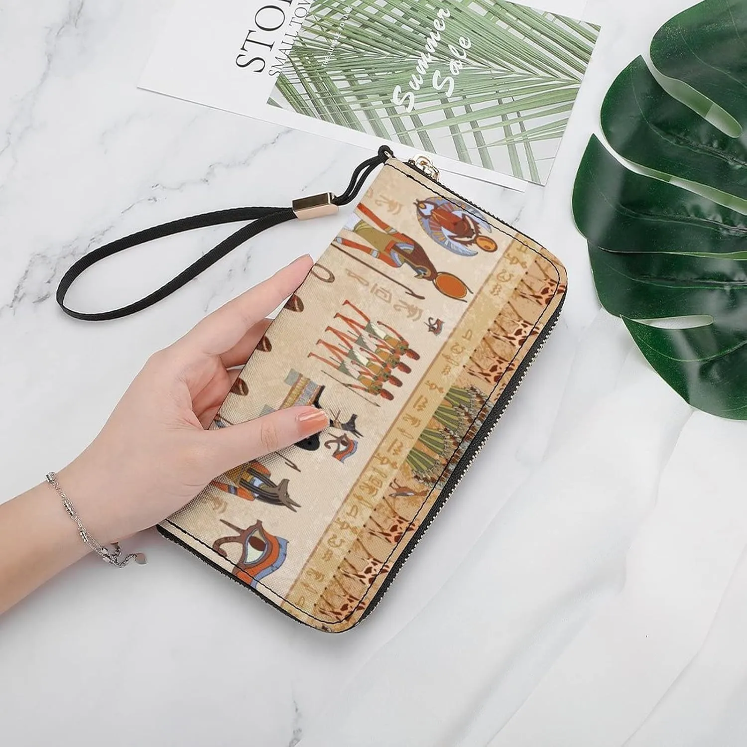 Retro Ancient Egypt Egyptian Temples Gods and Pharaohs Murals Long Clutch Wallet, Long Handbag with Removable Wristlet Strap, PU Leather Zip Purse, Credit Pass Case Card-Holder for Men Women