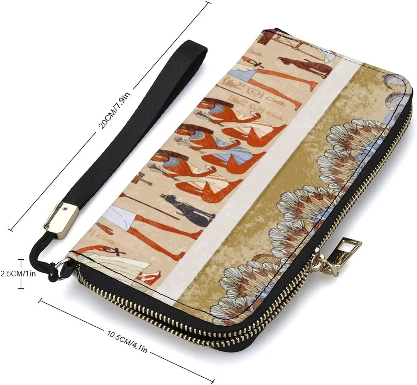 Retro Ancient Egypt Egyptian Temples Gods and Pharaohs Murals Long Clutch Wallet, Long Handbag with Removable Wristlet Strap, PU Leather Zip Purse, Credit Pass Case Card-Holder for Men Women